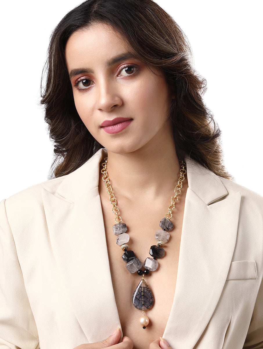Golden polished brass Necklace with Natural onyx stones, Fresh water pearl & Cz diamond ring.