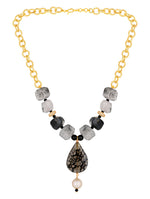 Golden polished brass Necklace with Natural onyx stones, Fresh water pearl & Cz diamond ring.