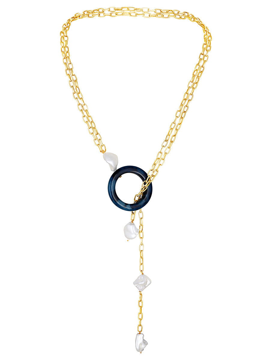 Designer Gold Finished brass chain, Enameled barokh pearl & Natural onyx stone