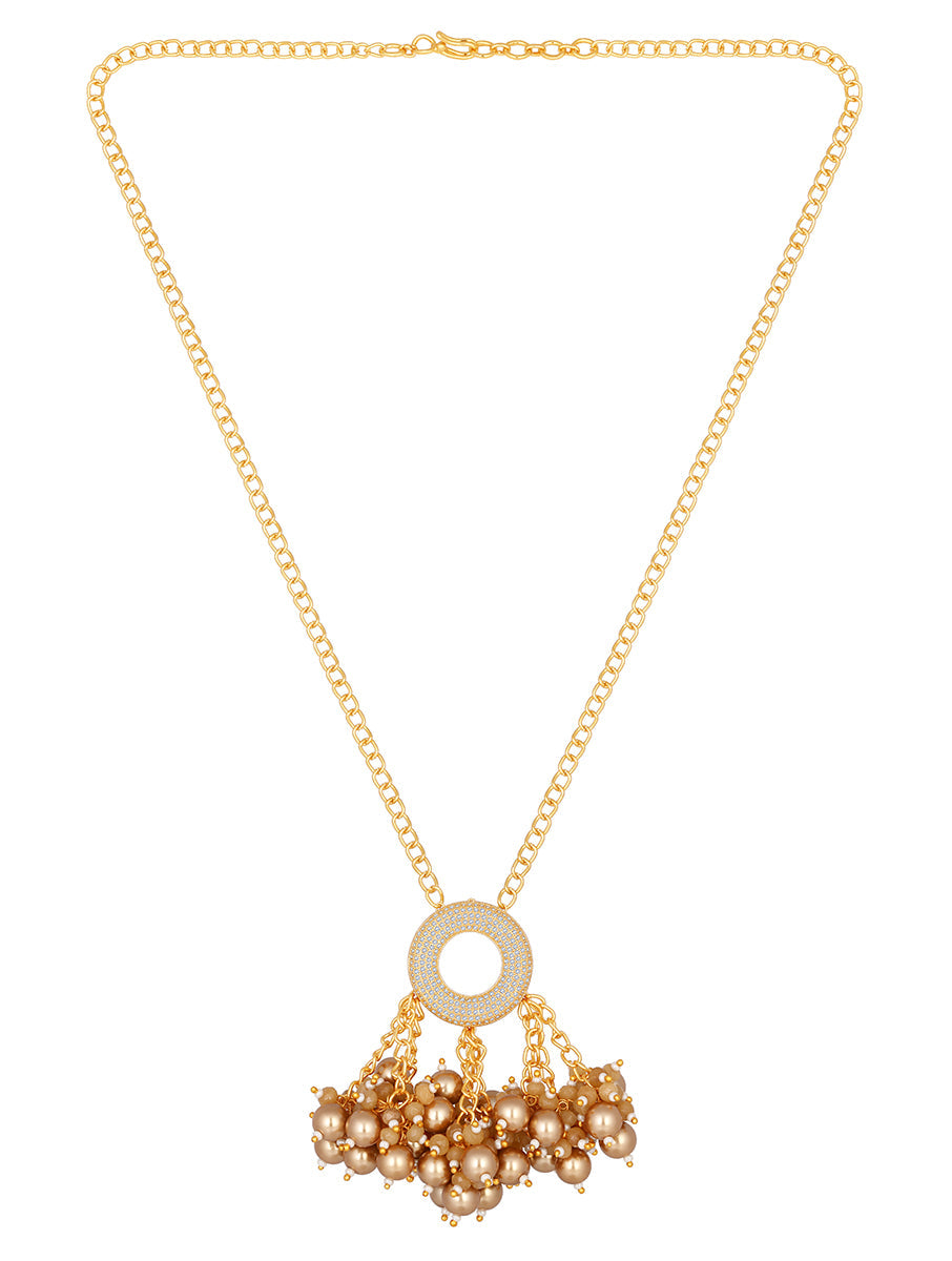 Necklace with golden polished brass chain, Cz diamond polo ring & Agates, Shell pearls