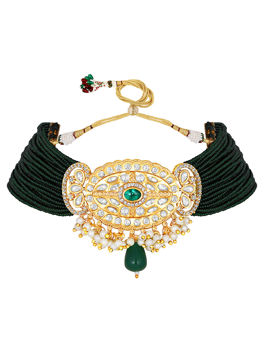 Necklace set with gold polished brass, Kundan Polki, Kidiya moti & Agate tumbles.