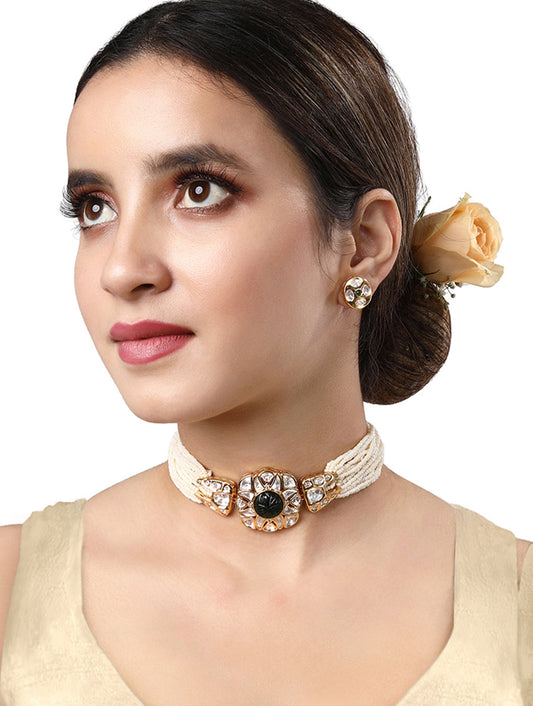 Necklace designed with Gold polished brass, Kundan Polki, Onyx carved stone & Kidiya moti