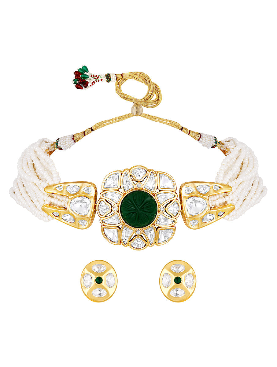 Necklace designed with Gold polished brass, Kundan Polki, Onyx carved stone & Kidiya moti