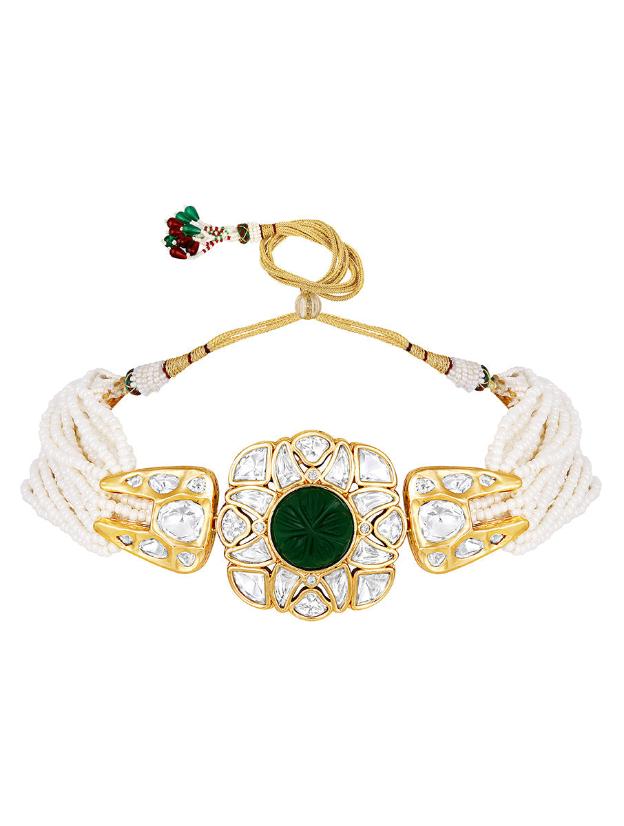Necklace designed with Gold polished brass, Kundan Polki, Onyx carved stone & Kidiya moti