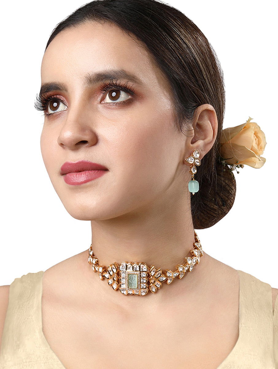 Necklace with gold polished brass, Kundan Polki, Carved onyx stone & Monalisa tumble