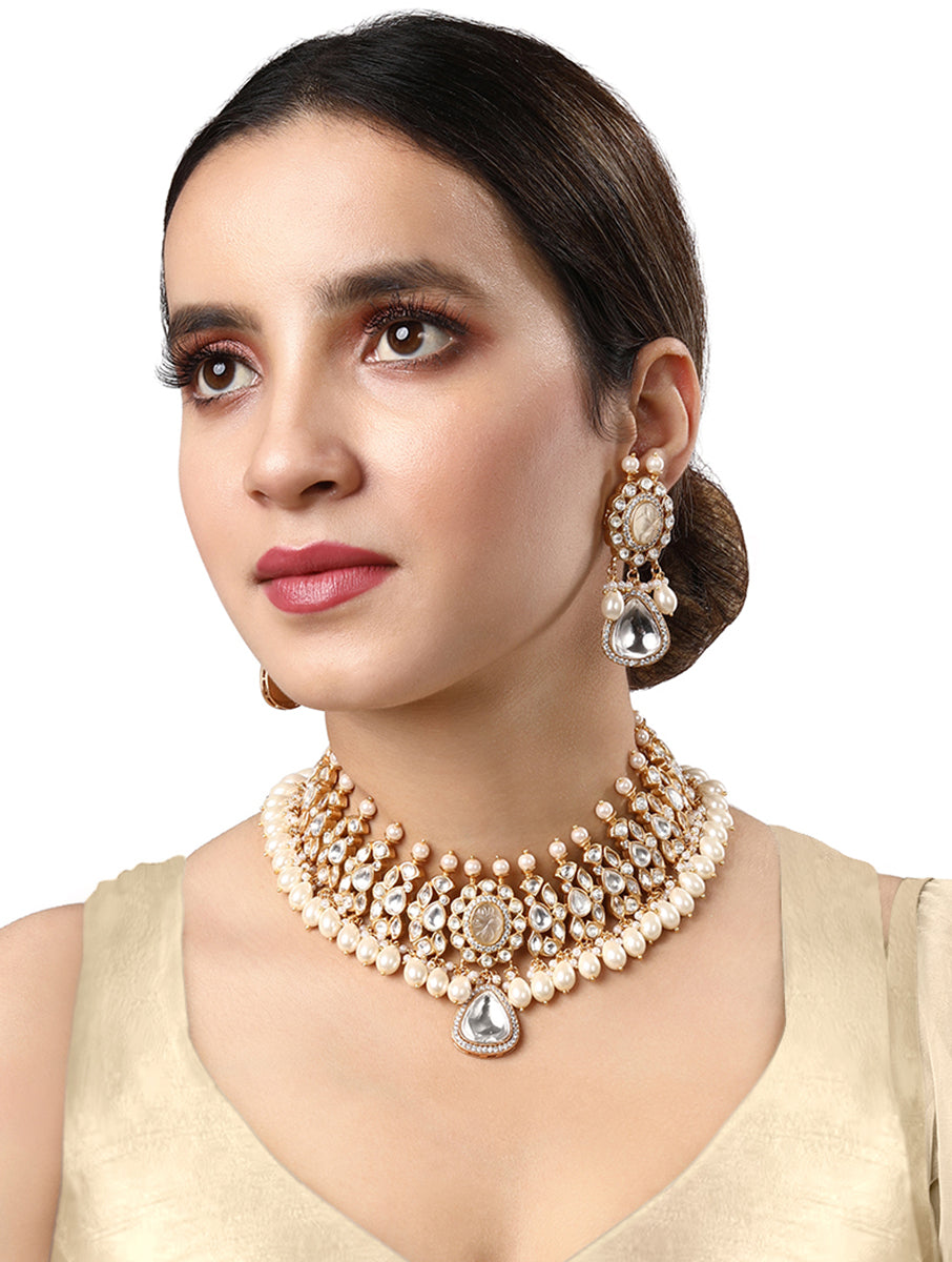 Necklace with gold polished brass,Kundan Polki, Shell Pearls, Onyx Carved Stone