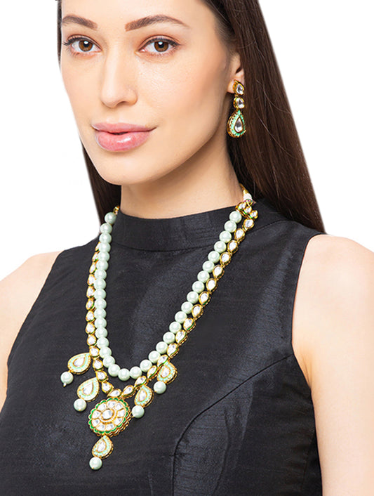 Necklace set with Gold Polish Brass, Green Shell Pearls, & Golden Kundan Polki