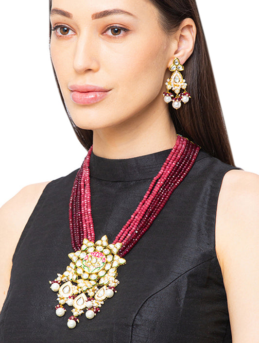 Golden Polished Brass Necklace with shell Pearls, & Kundan Polki