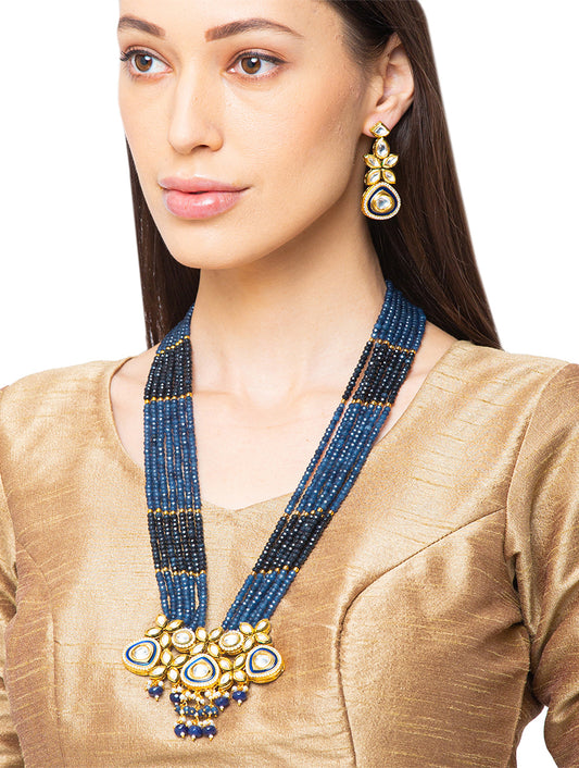 Necklace set Golden Polish Brass, Blue Agates, Kundan Polki, Pearls