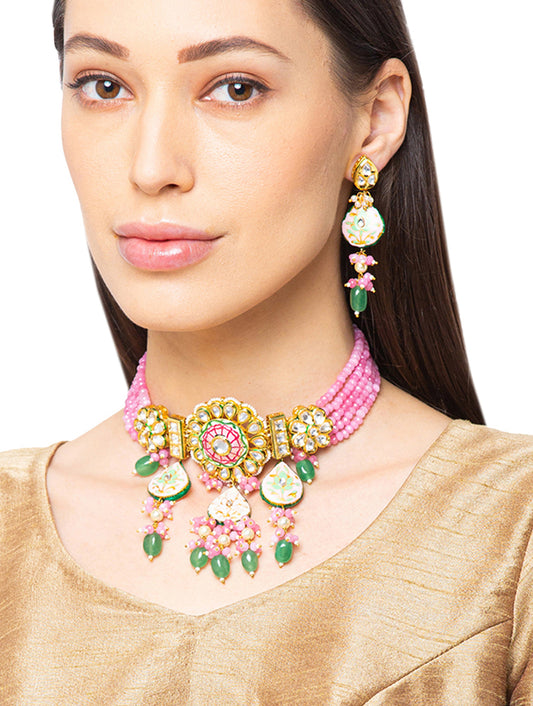 Necklace with Gold Polish Brass, Agates, & Kundan Polki, Tumbles