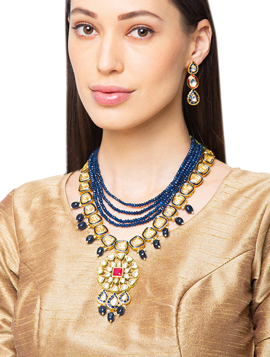 Necklace set with Gold Polish Brass, Blue Agates, Tumbles, Golden kundan Polki