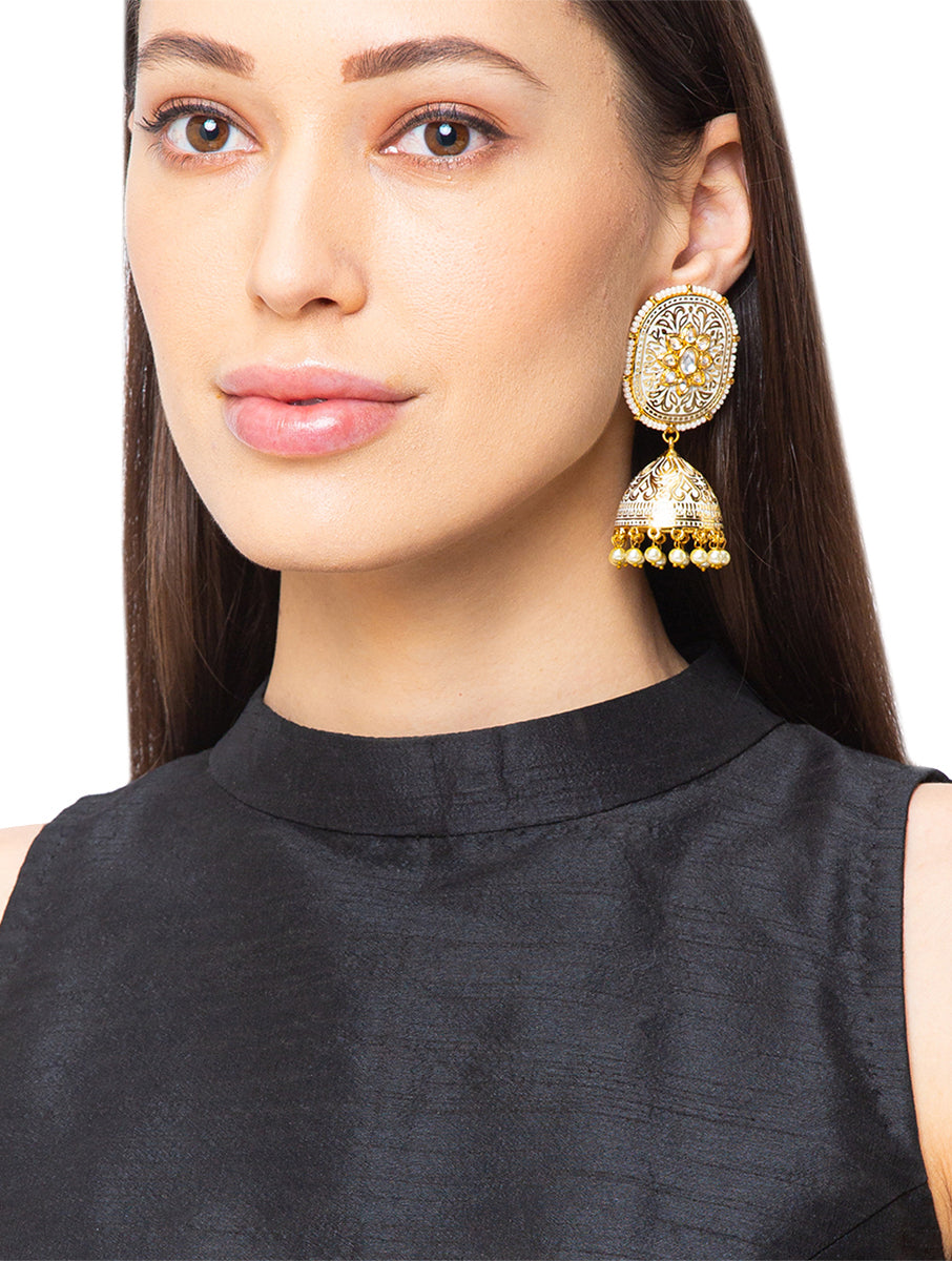 Earring with Gold polished Brass, Shell Pearls, & Kundan Polki