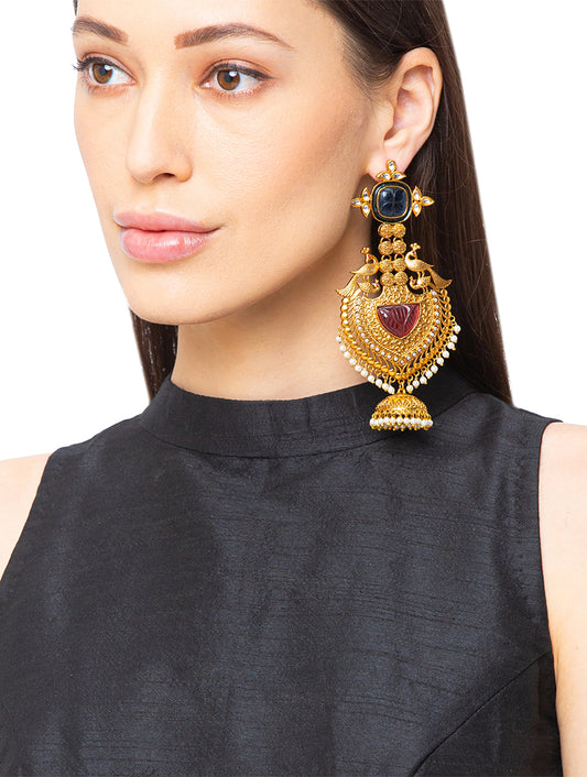 Earring with Gold polished Brass, Natural Stones, Pearls, Blue Onyx, & Tourmaline Stone