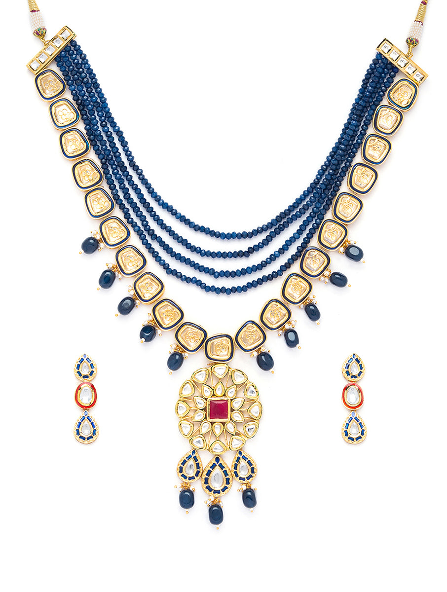 Necklace set with Gold Polish Brass, Blue Agates, Tumbles, Golden kundan Polki