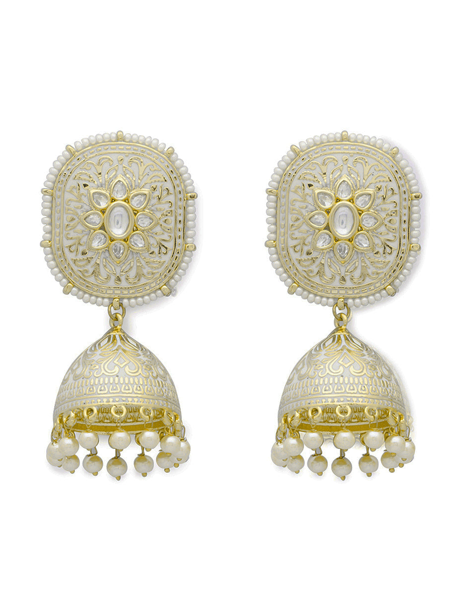 Earring with Gold polished Brass, Shell Pearls, & Kundan Polki