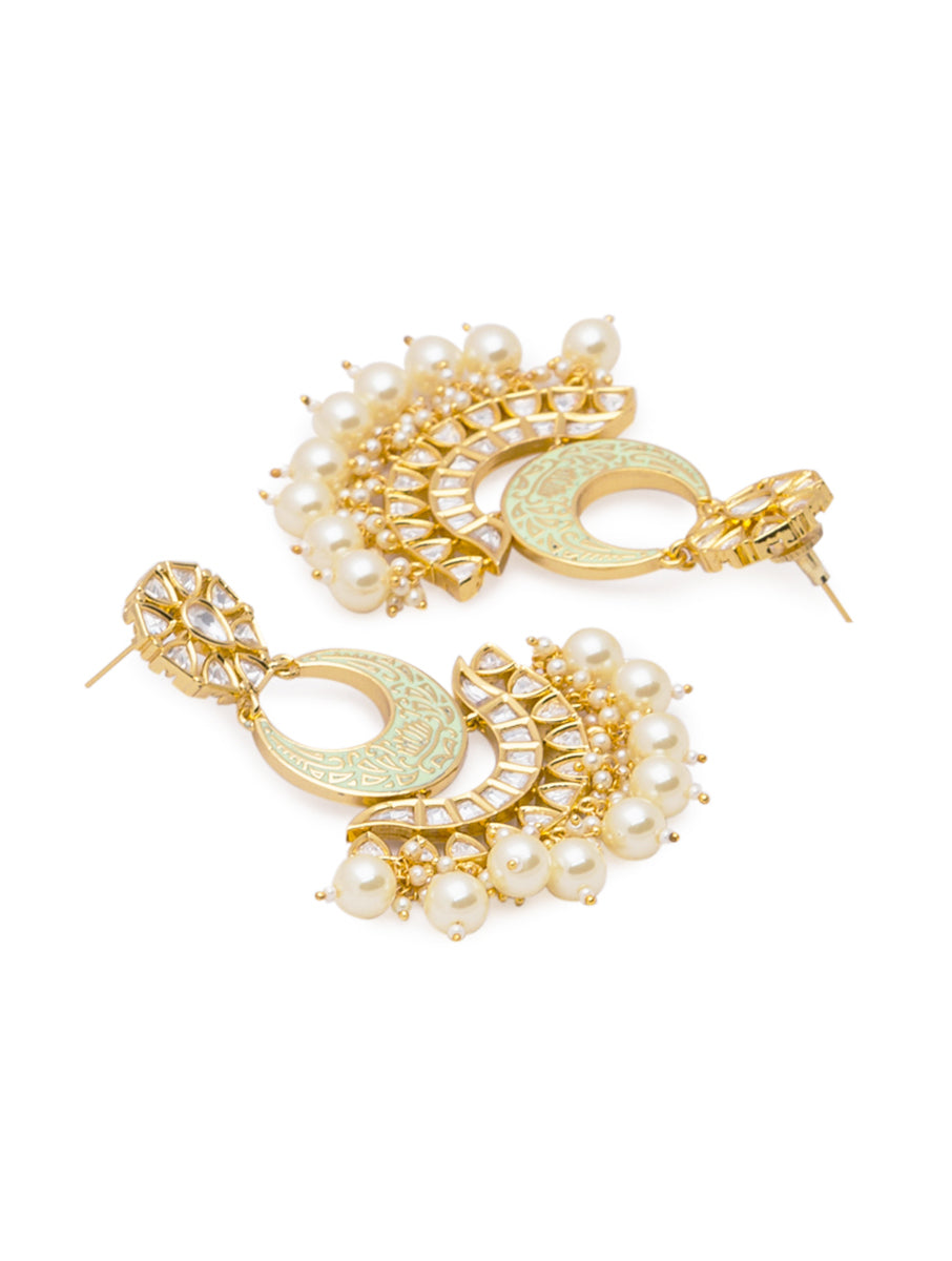 Earring with Gold polished Brass, Shell Pearls, & Kundan Polki