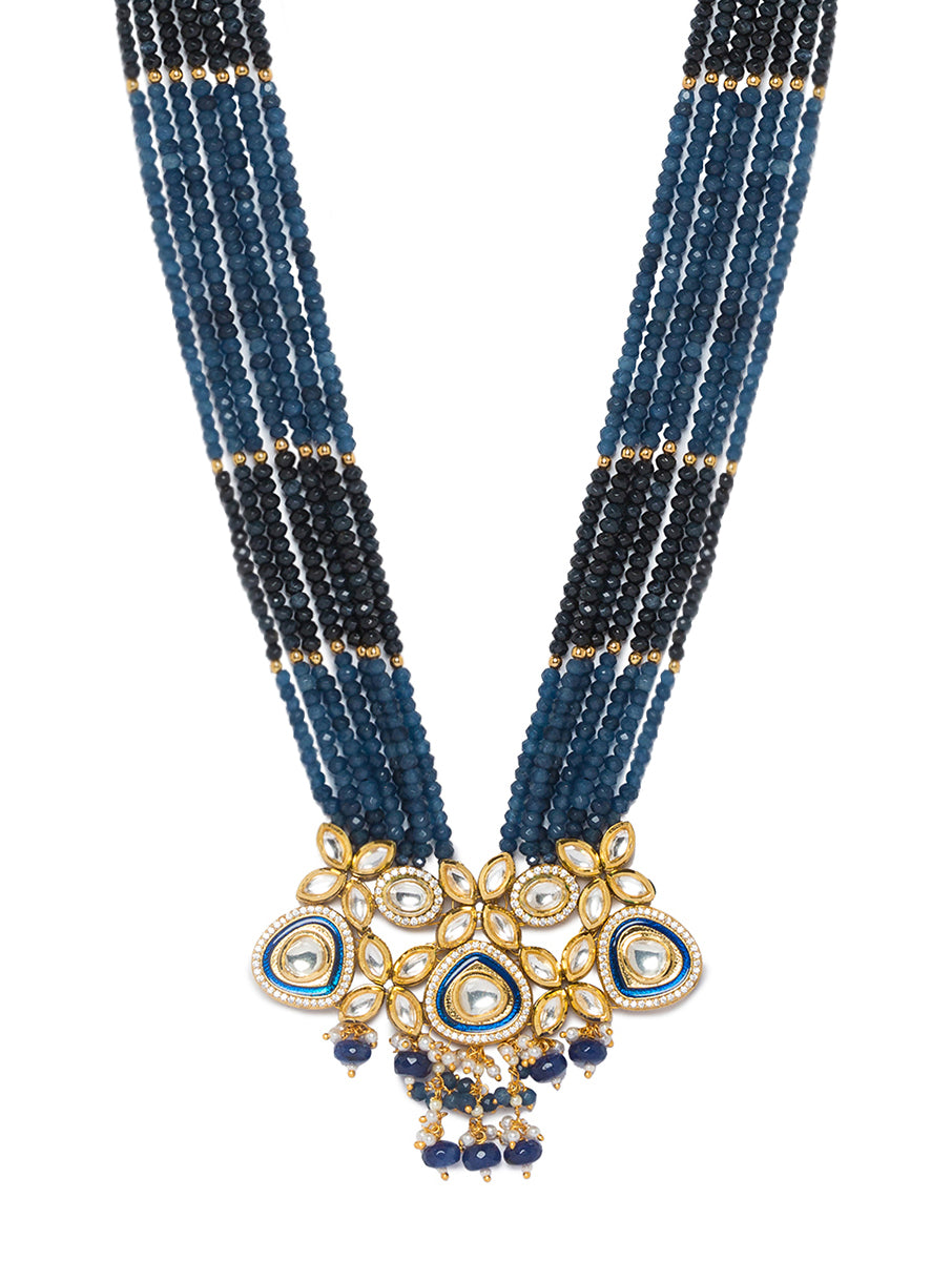 Necklace set Golden Polish Brass, Blue Agates, Kundan Polki, Pearls