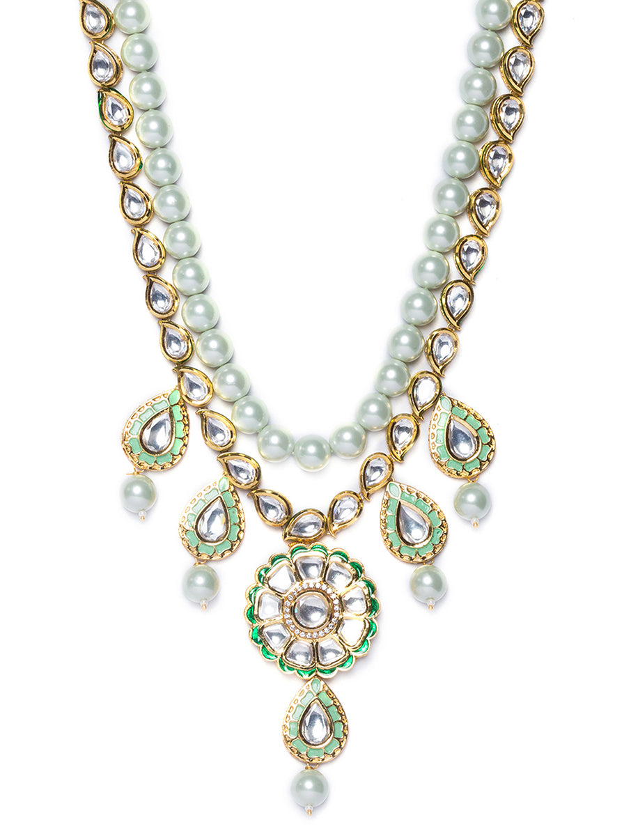 Necklace set with Gold Polish Brass, Green Shell Pearls, & Golden Kundan Polki