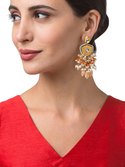 Earring with Gold Polished Brass, Kundan Polki,  Meenakari, Agates & Pearls