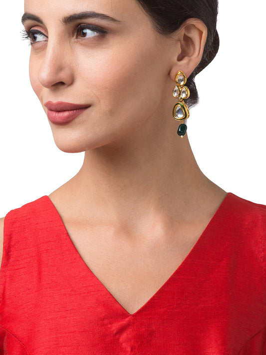 Golden Polish Brass Earring with  Kundan Polki, & Onyx Tumbles