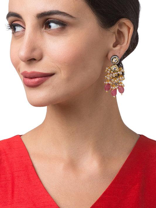 Gold Polish Earring with Kundan Polki & Onyx Tumbles