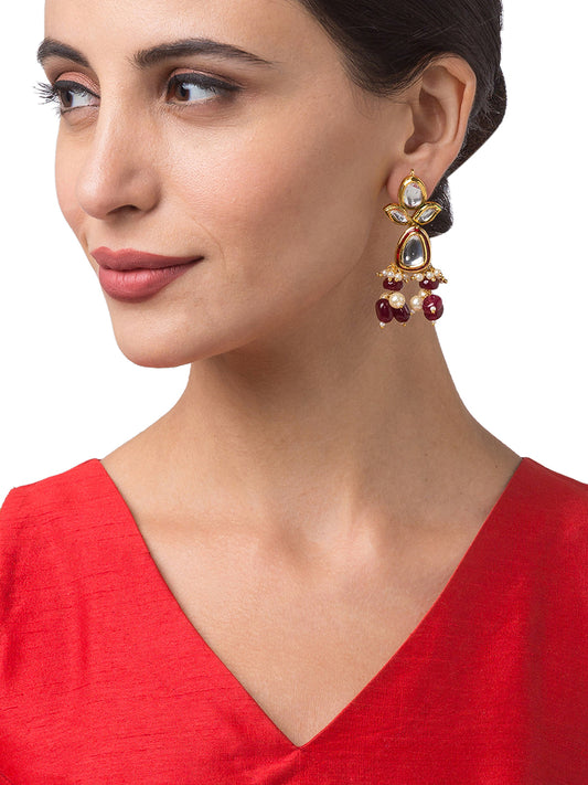 Gold Polish Brass Earring with Kundan Polki, & Agates