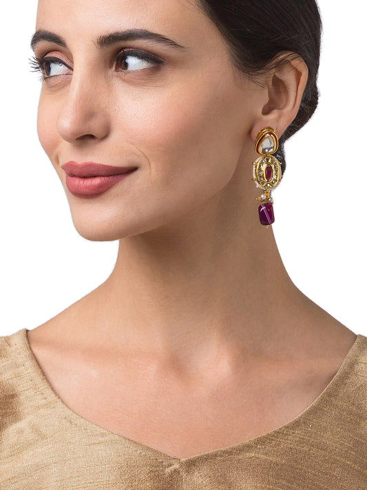 Pair of Golden Polished Earring with Kundan Polki & Onyx Tumbles
