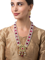Necklace with Gold Polish Brass, Kundan Polki, Onyx Tumbles, & Shell Pearls