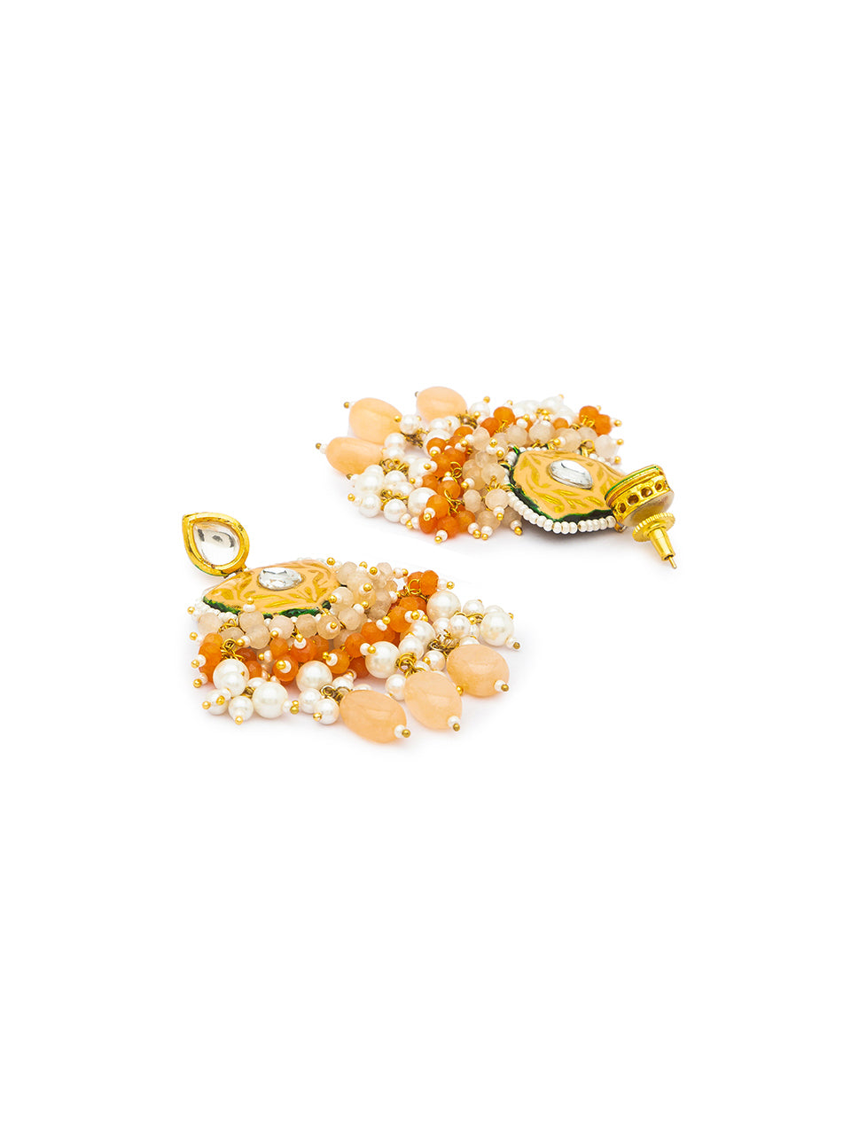 Earring with Gold Polished Brass, Kundan Polki,  Meenakari, Agates & Pearls
