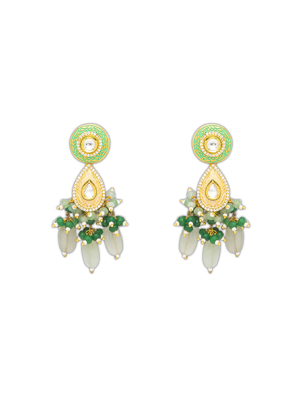Earring Pair with Gold Polished Brass, Meenakari work Agates & Pearls