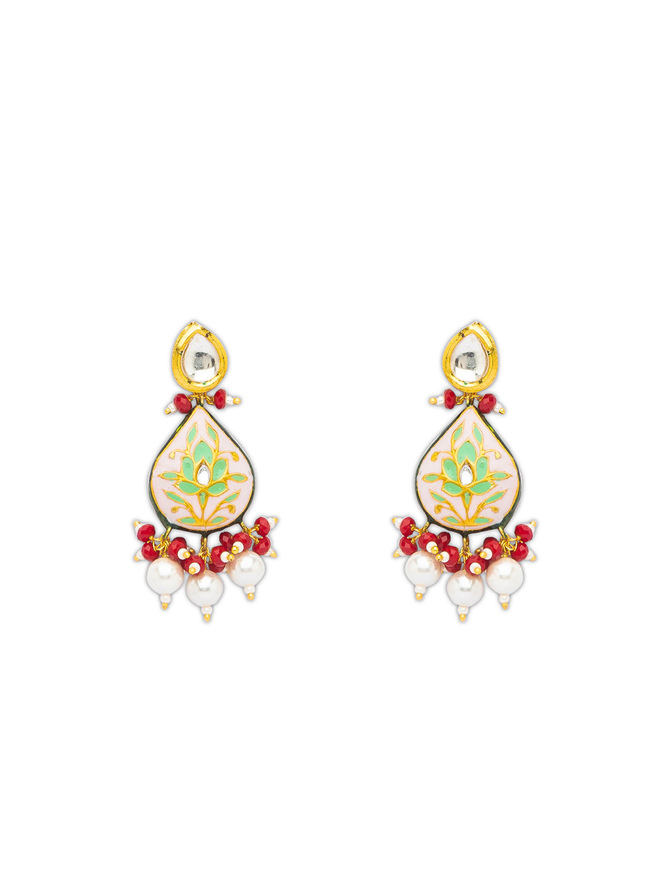 Micron Gold Polished Earring with Kundan Polki, Meenakari & Shell Pearls