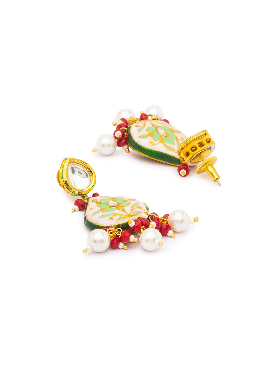 Micron Gold Polished Earring with Kundan Polki, Meenakari & Shell Pearls